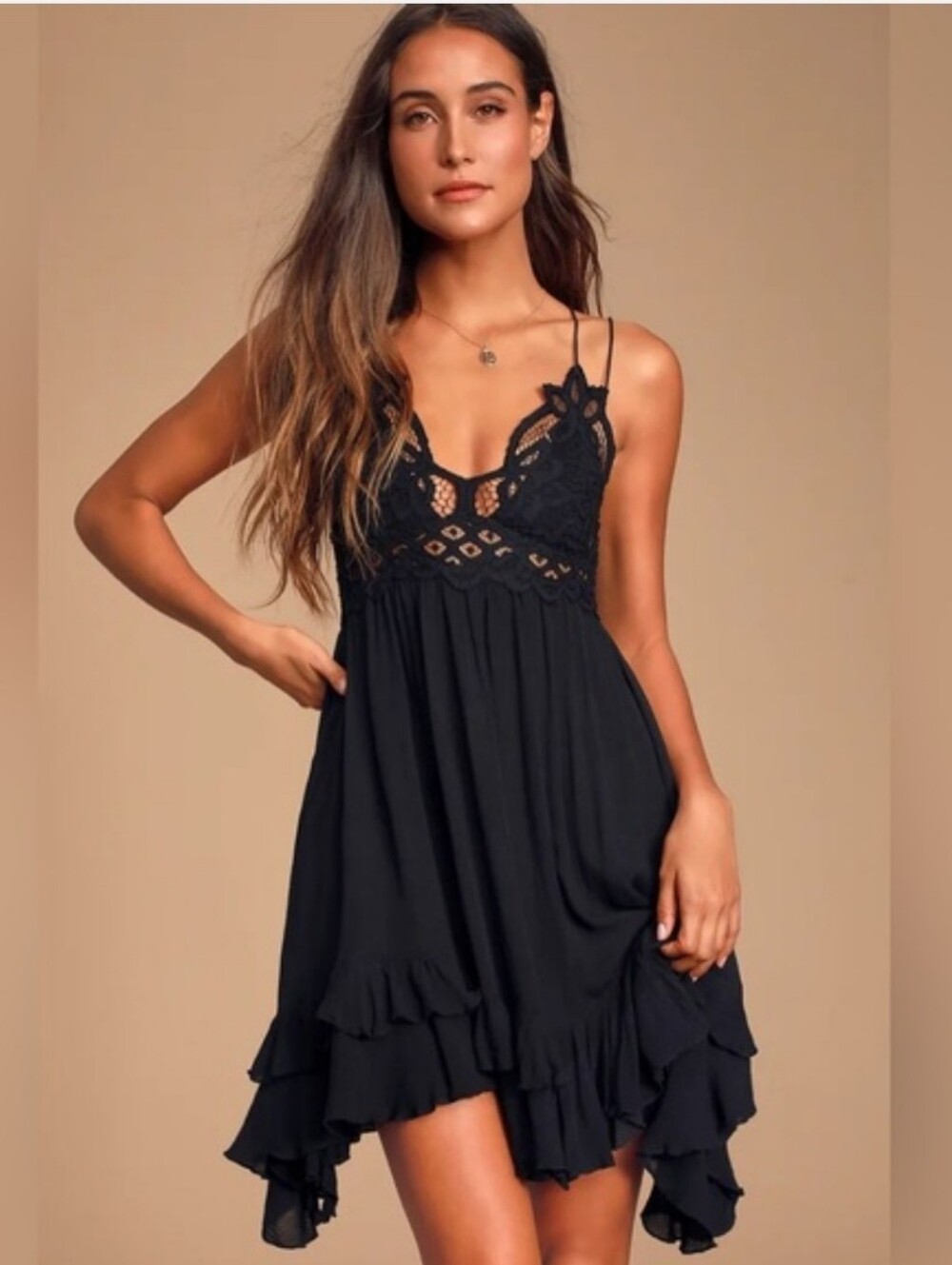 Free People Adella Slip Dress Black Lace Crochet Ruffle Hem Boho Fairy Whimsy